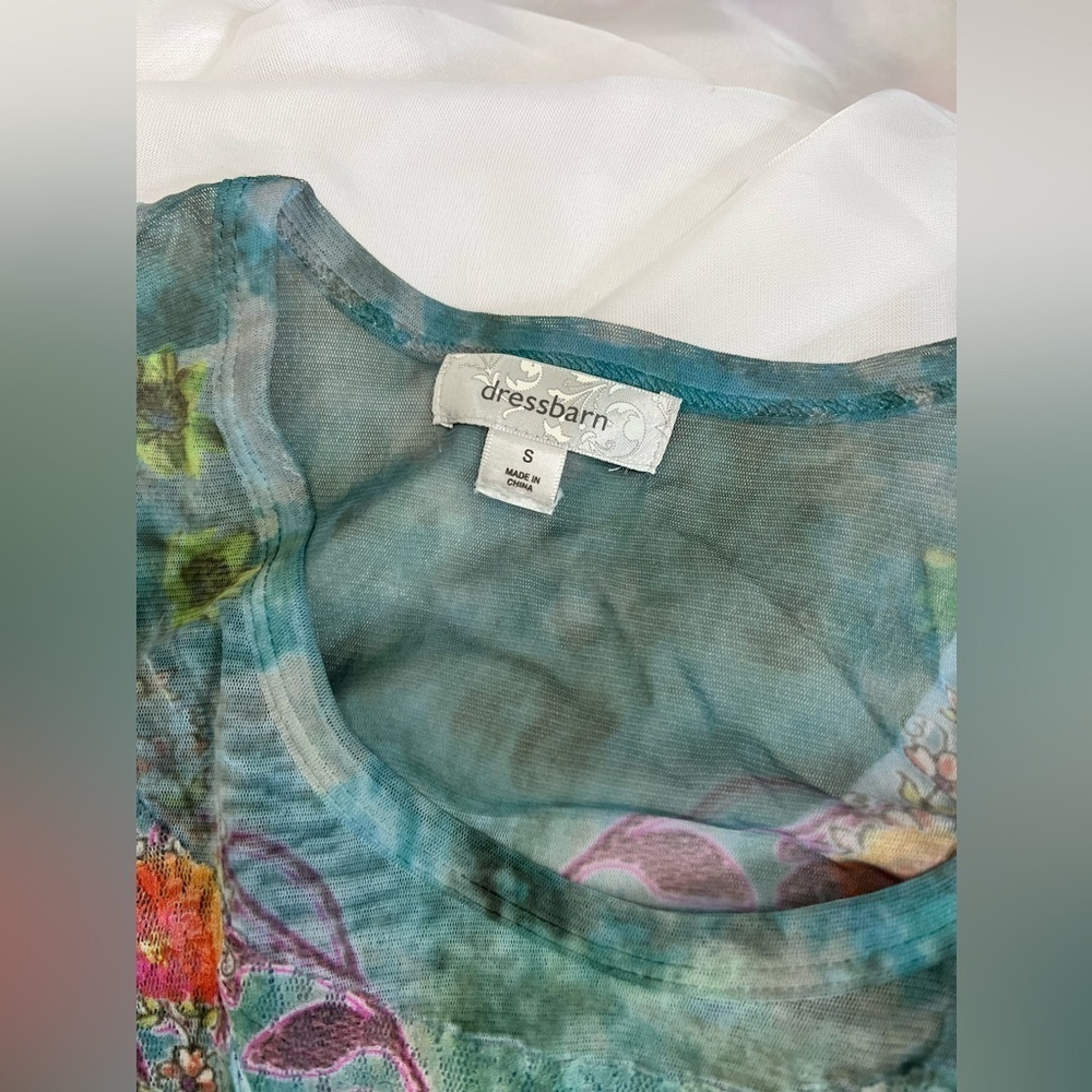 Dressbarn Y2K Lace Tunic Top Small Green Floral Sheer Sleeves Fairy Grunge - Picture 6 of 11